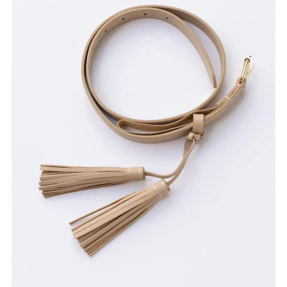 Cleobella Narrow Tan‎ Adjustable Tassel Leather Belt. OS.
